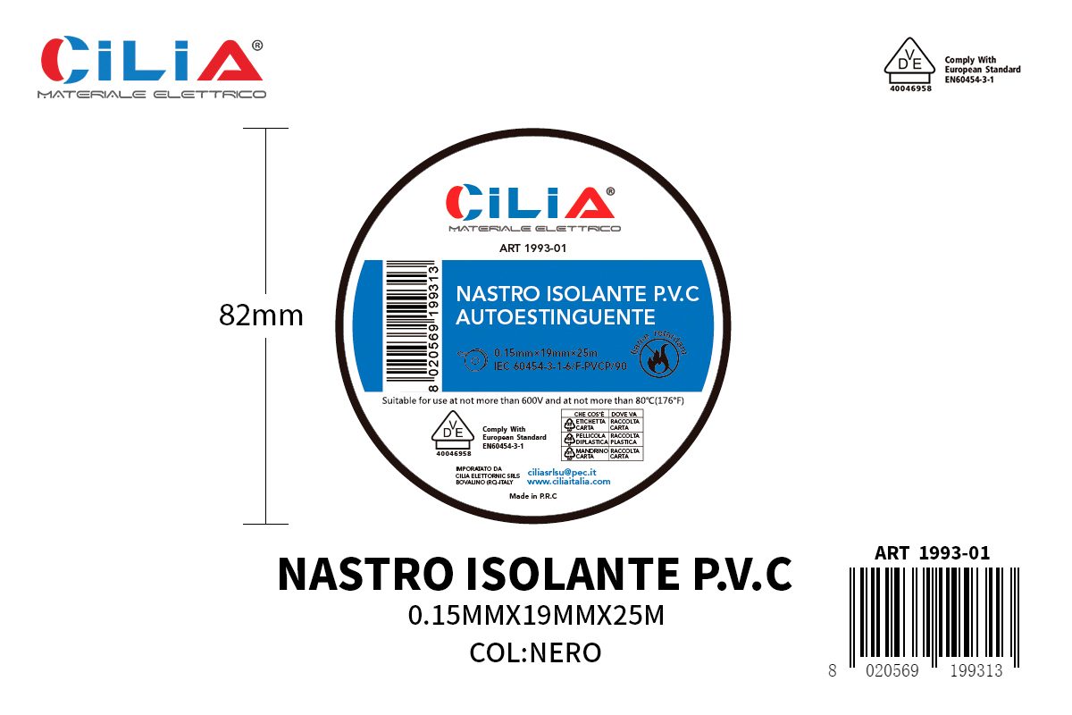 Nastro isolante PVC autoestinguente Nero 19mm x 25m CILIA, codice 1993-01