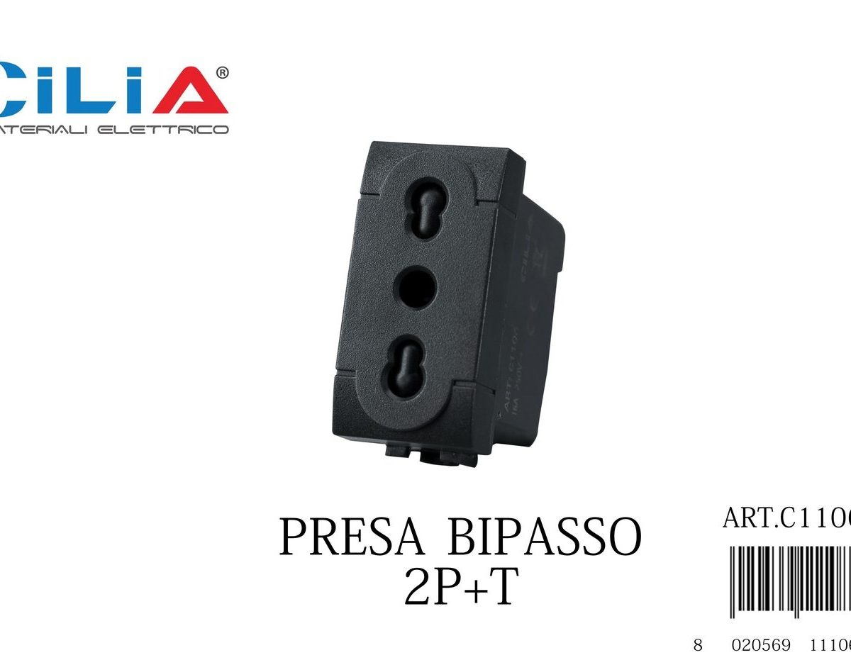 Presa bipasso 2P+T 16A - Serie Sun Nero CILIA, codice C1106