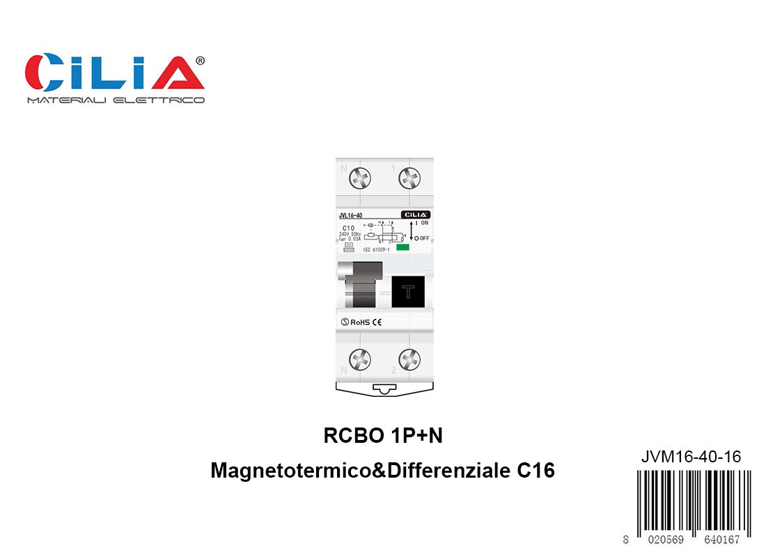 RCBO 1P+N 16A 30mA - 2 moduli CILIA, codice JVL16-40-16