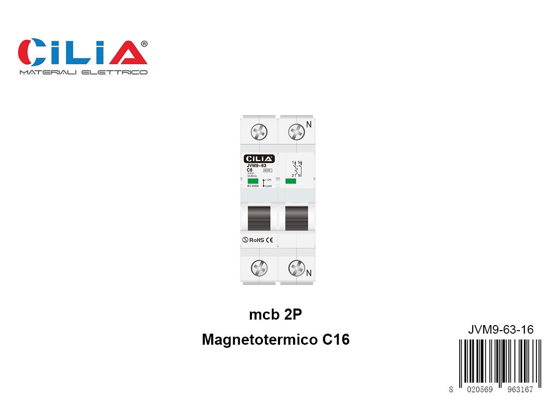 Magnetotermico 1P+N 16A curva C - 6 kA CILIA, codice JVM9-63-16