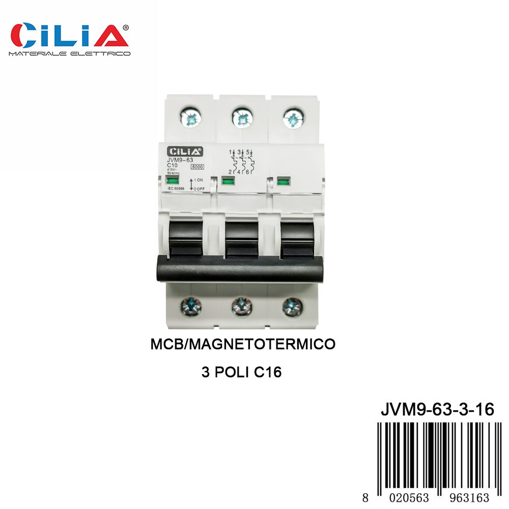 Magnetotermico 3P 16A curva C - 6 kA CILIA, codice JVM9-63-3-16