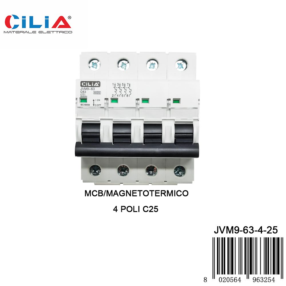 Magnetotermico 4P 25A curva C - 6 kA CILIA, codice JVM9-63-4-25
