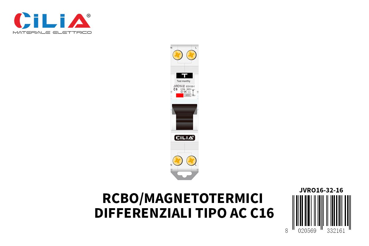 RCBO compatto 1P+N 16A 30mA tipo AC CILIA, codice JVRO16-32-16